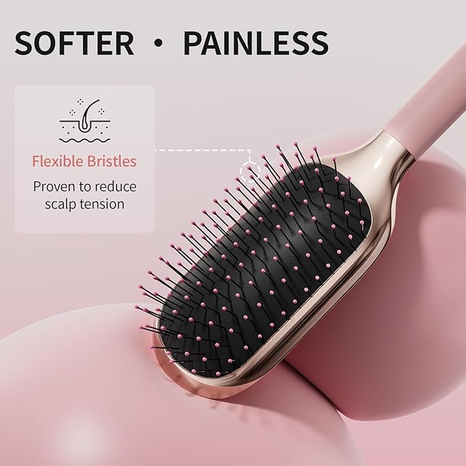 MELBANG Detangling Hair Brush for Thin & Damaged Hair - Paddle Brush with Soft Cushion Bristles for Wet & Dry Use, Smoothing & Pain-Free Detangling (Pink)