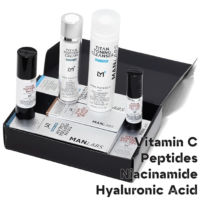 Titan Peptide 4-Piece Anti-Aging Mens Skin Care Kit – Wash, Face Serum, Eye Cream, Mens Face Moisturizer – Skin Care for Men – Dark Circles, Wrinkles, Fine Lines – Vitamin C, Niacinamide, HA