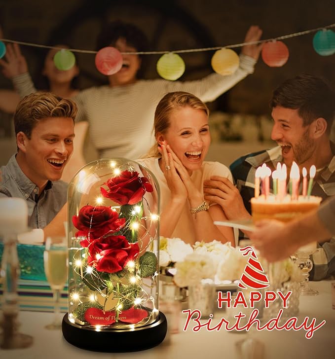 Valentines Day Gifts for Her,Beauty and The Beast Rose in Glass Dome,Anniversary Rose Gifts for Wife,Valentines Flowers Birthday Gifts for Women,Romantic Red Silk Rose Flower Gifts for Women