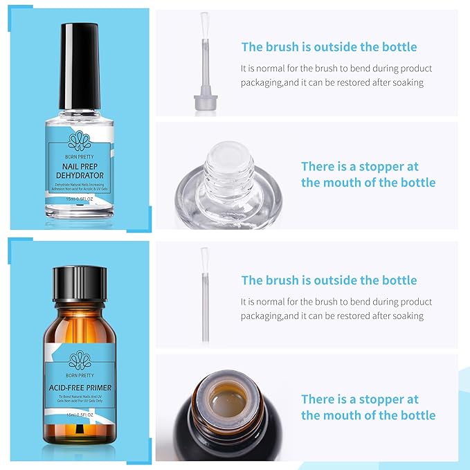 Born Pretty Nail Dehydrate and Primer, 15ml HEMA&TPO Free Dehydrator for Acrylic and Gel Nail Polish, Non Acid Primer for U V Gels, No Burn Fast Air Dry Nail Prep Dehydrator Set, 0.5oz