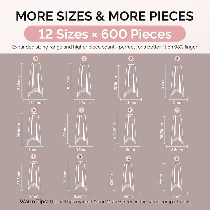 MelodySusie Long Coffin X Nail Tips - 600Pcs 12 Sizes Clear Acrylic, Half Matte Half Stick Press on Nails for DIY Extension & Salon Use, Pre-Shaped for Long-Lasting Manicure,Fall Winter Nails