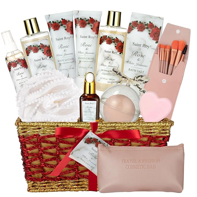 Valentines Gifts for Women - 21-Piece Luxury Rose & Jasmine Spa Gift Basket Set Bath and Body Gift Sets Care Kit with Make up sponge | Valentine's Day, Mothers Day Gifts Baskets for Mom, Wife