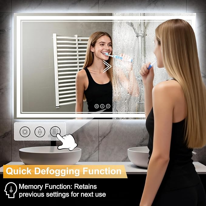 LED Bathroom Mirror 60"x36", 3 Colors Frontlit, Stepless Dimmable, Anti-Fog, Memory, Wall Mounted Vanity Mirror with Lights, Eco Copper-Free, Perfect for Bathroom & Bedroom
