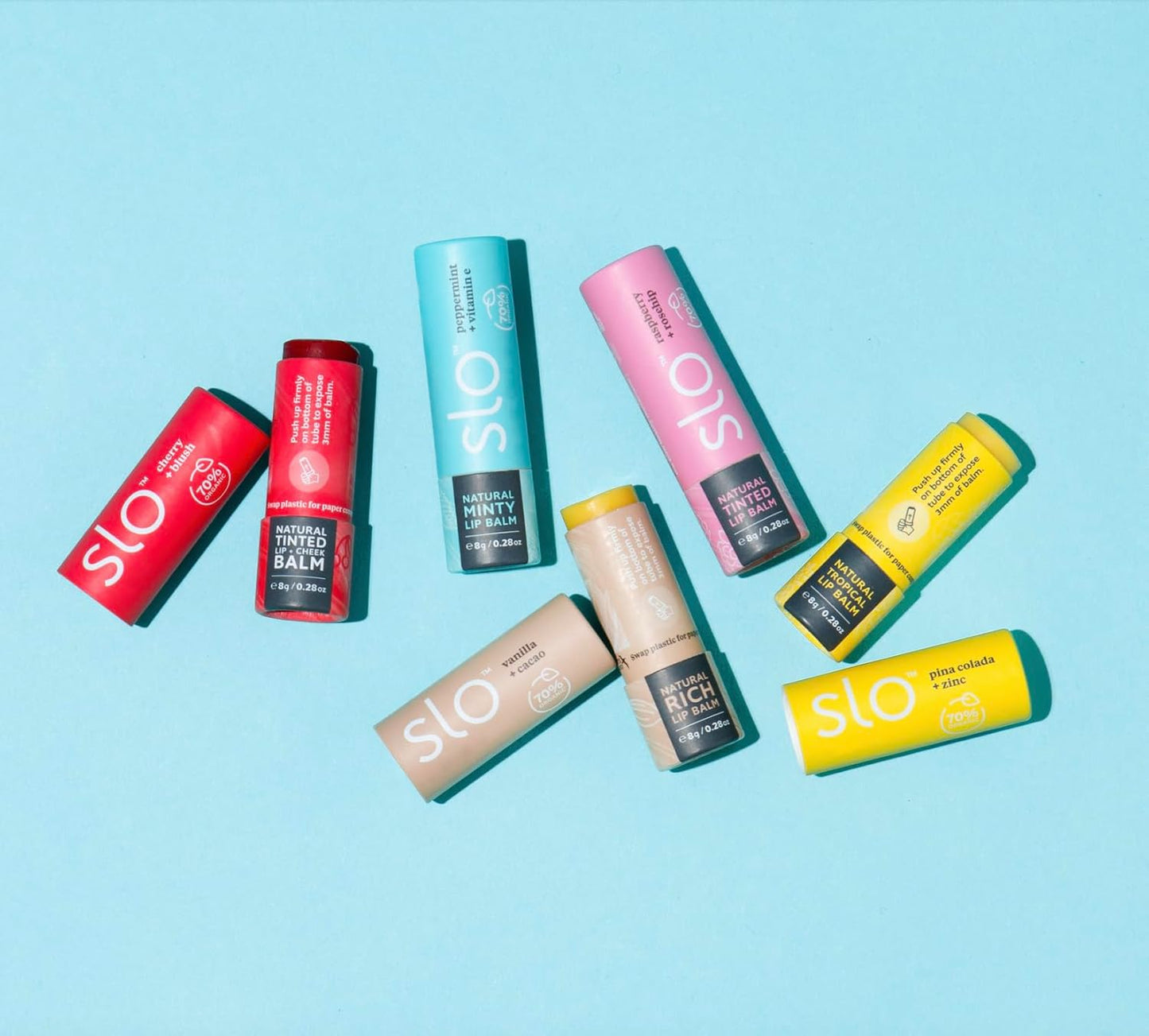 Slo | Natural Lip Balm - All Natural Ingredients, Vegan & Cruelty Free, Hydrating & Soothing, Plastic Free, Paper Packaging | Peppermint + Vitamin E, 0.28oz