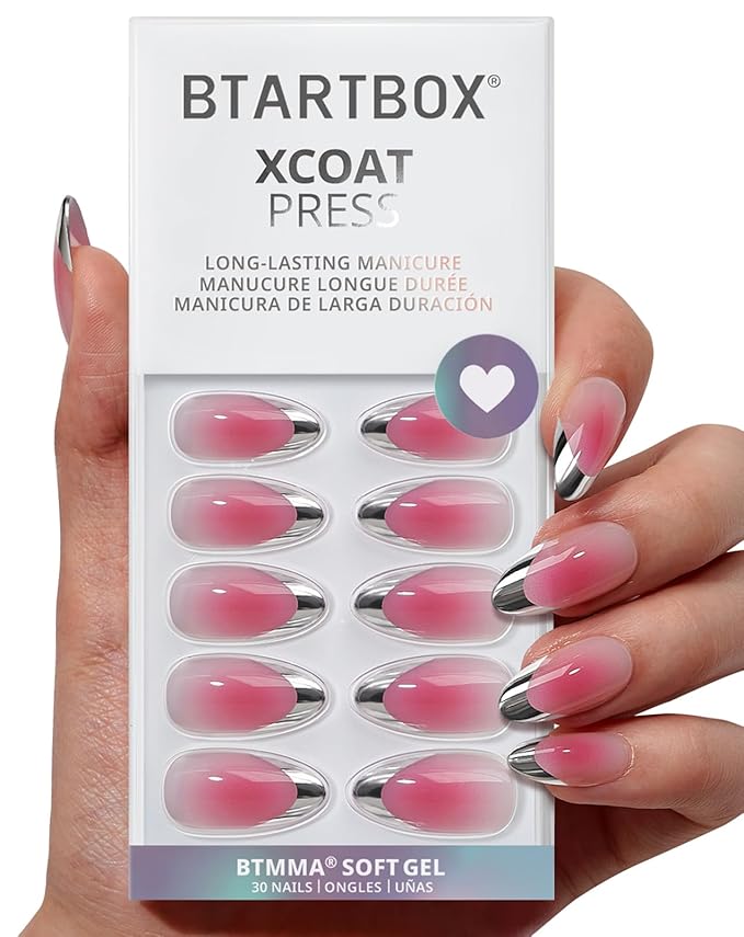 BTArtbox French Tip Press On Nails - Lamp-Curable Blush Pink Almond Press On Nails with Glue for Women, Silver Outline Soft Gel Glue On Nails in 15 Sizes - 30 Stick On Nails Kit, Lolita Razor