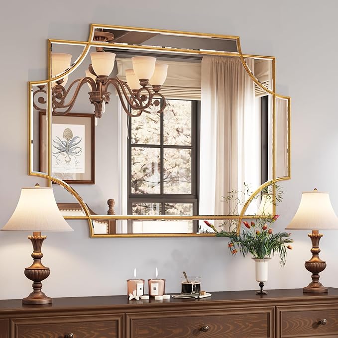 Kelly Miller Large Gold Decorative Mirror for Wall, 30"x40" Gold Bathroom Mirror Rectangle Vanity Wall Mirror Beveled for Master Bath Half Bath Living Room Bedroom Farmhouse Fireplace Hallway