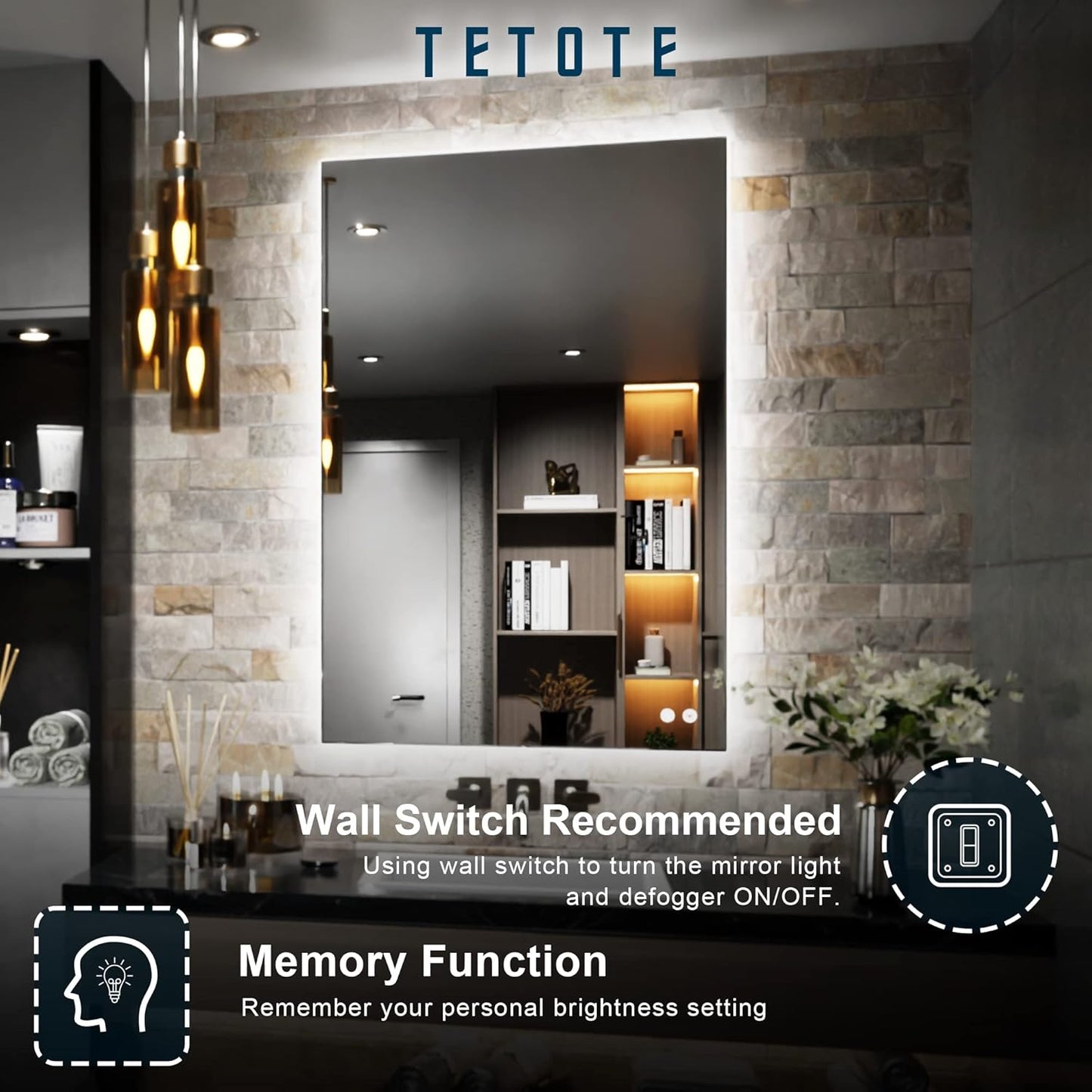 TETOTE 24 x 36 Inch LED Mirror Backlit Bathroom,Anti-Fog Mirror with Light,Dimmable,CRI90+,IP54 Water Proof,Wall Mounted Vanity Lighted,Horizontal/Vertical