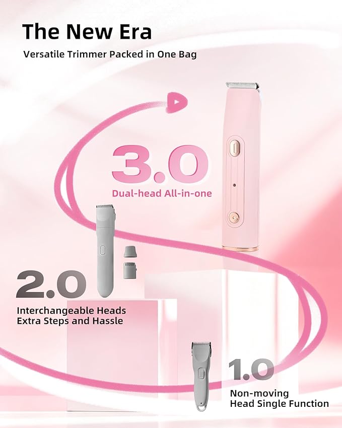 Bikini Trimmer for Women: Painless Body Hair Electric Razor - Dual Head All in 1 Versatile Shaver for Pubic Area, Leg and Face, Cordless and IPX7 Waterproof for Daily Personal Use, Pink