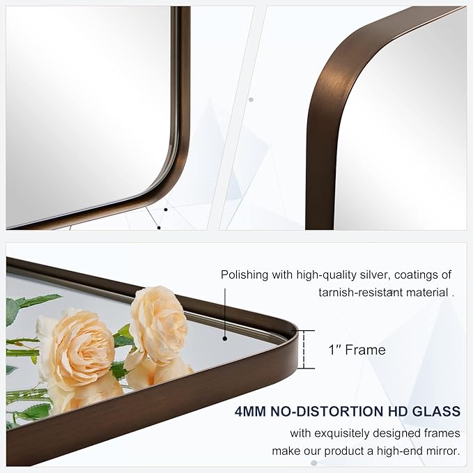 ANDY STAR Wall Mirror for Bathroom, 24"x36" Brushed Bronze Bathroom Mirror, Rounded Rectangle Mirror for Vanity, Stainless Steel Metal Frame