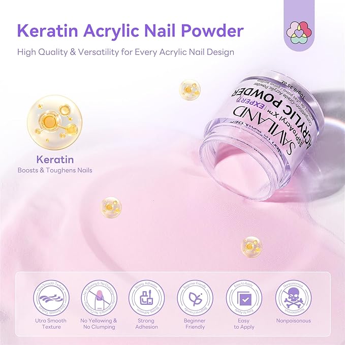 SAVILAND Acrylic Nail Kit for Beginners: Size 8,10,14 Acrylic Powder Brushes with Keratin White Pink Nudes Acrylic Powder DIY Nail Art Tools for 3D Sculpting Extensions Home Salon Use