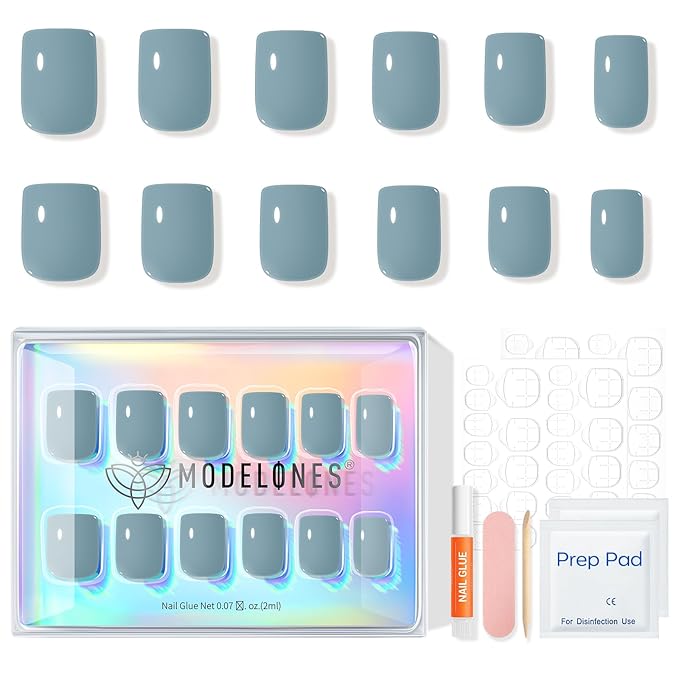 Modelones Steel Blue Press on Nails, Short Square Fake Nails, Reusable Nail Kit with Nail Glue Adhesive Tabs Mini Nail File, Nails Press Ons 32Pcs16 Sizes