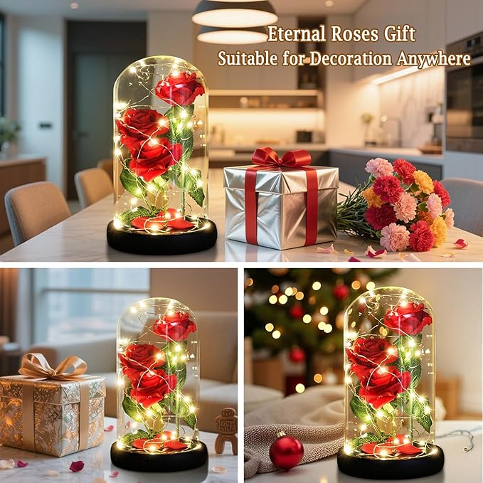 Valentines Day Gifts for Her,Beauty and The Beast Rose in Glass Dome,Anniversary Rose Gifts for Wife,Valentines Flowers Birthday Gifts for Women,Romantic Red Silk Rose Flower Gifts for Women