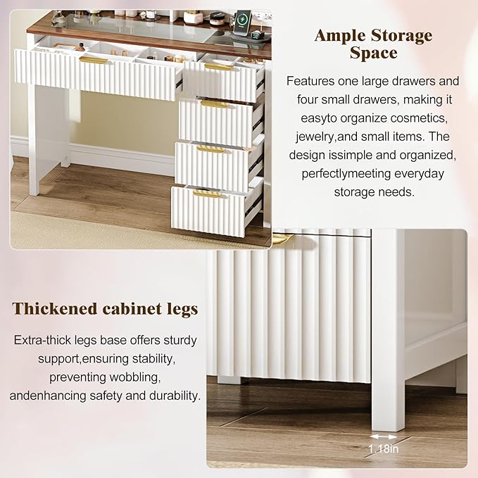 43" Large Vanity Desk with 30" HD Lighted Mirror,Modern Vanity Desk with Mirror and Lights, Makeup Vanity with 5 Drawers and Storage Shelves and Charging Station, White