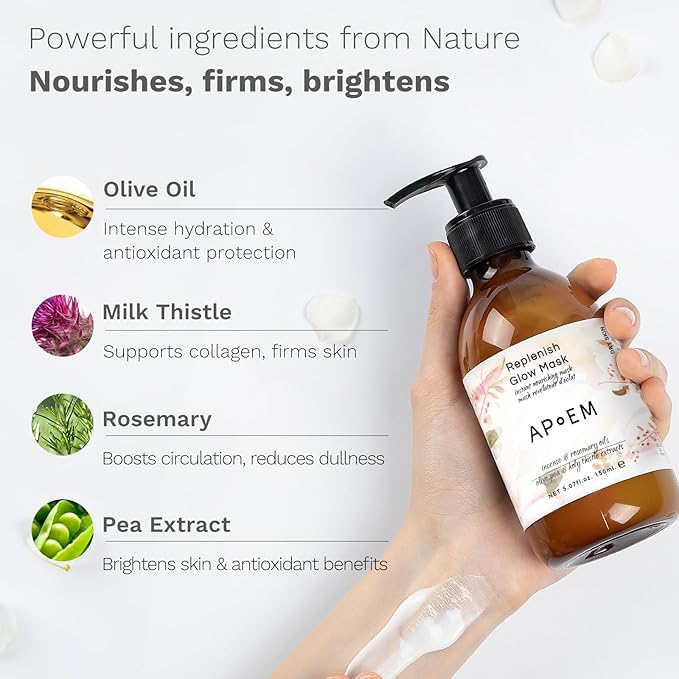 APoEM Replenish Glow Mask | face masks skincare for instant plumping, deep hydration & firming | smoothing fine lines, brightening & antioxidant protection | Spanish skincare, 150ml