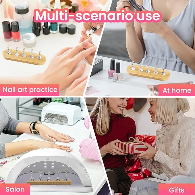 Wooden Stand for Nails Art Display Practice 2 Set, 1 Heart Shaped Acrylic Magnetic Nail Stand, Fake Nail Holder with 200 Pieces Double-sided Tape, For Home DIY Salon Supplies (Wood, Large)