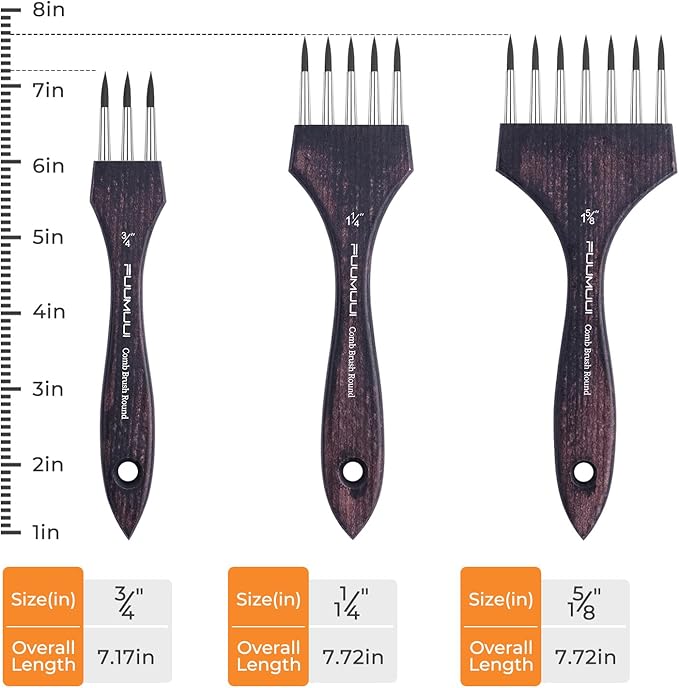 Multi-Head Round Comb Brush Set - Fuumuui 3Pcs Professional Synthetic Brushes, Designed for Textures and Special Effects for Acrylic Painting, Oil & Watercolor - Texture Brushes, Short Handle