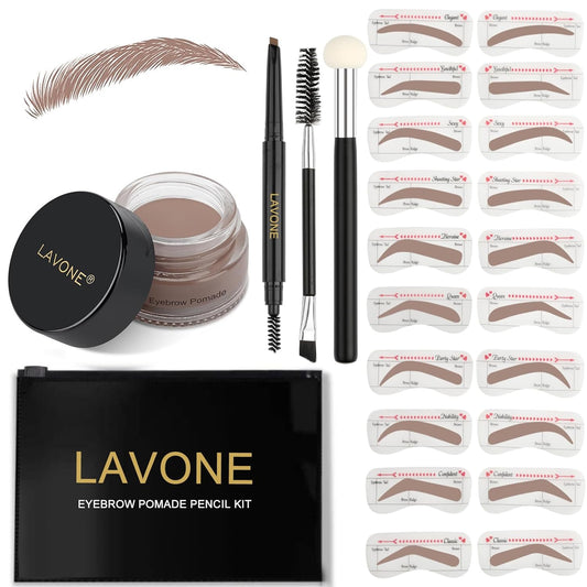 LAVONE Eyebrow Stamp Stencil Kit - Brow Stamp Trio with Waterproof Pencil, Pomade, 20 Stencils, Dual-ended Brush and Sponge Applicator - Ash Blonde
