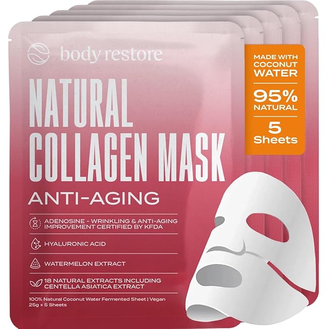 Body Restore Natural Collagen Face Mask 5 Pack – Valentines Day Gifts for Her and Him, Korean Skin Care Mask with Fermented Coconut Water, Birthday Gifts for Women & Men, Dry Skin – Anti-Aging