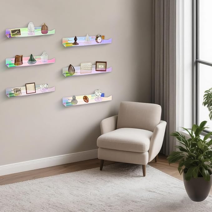 Wall Mount Acrylic Shelf 15 Inch Floating Shelf for Wall Decor Plants Books Records Colorful Display Shelf with Mounting Hardware Bathroom Bedroom Living Room Storage Organization(6, iridescent)