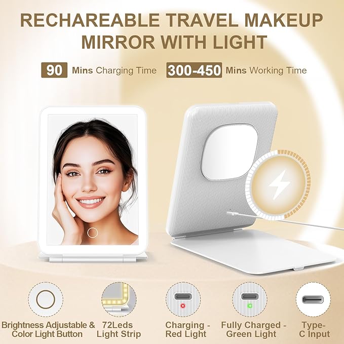 Mocado LED Foldable Travel Makeup Mirror - 5x7 inches 3 Colors Light Modes USB Rechargeable Touch Screen, Portable Tabletop Cosmetic Mirror for Travel, Cosmetic, Office (White)