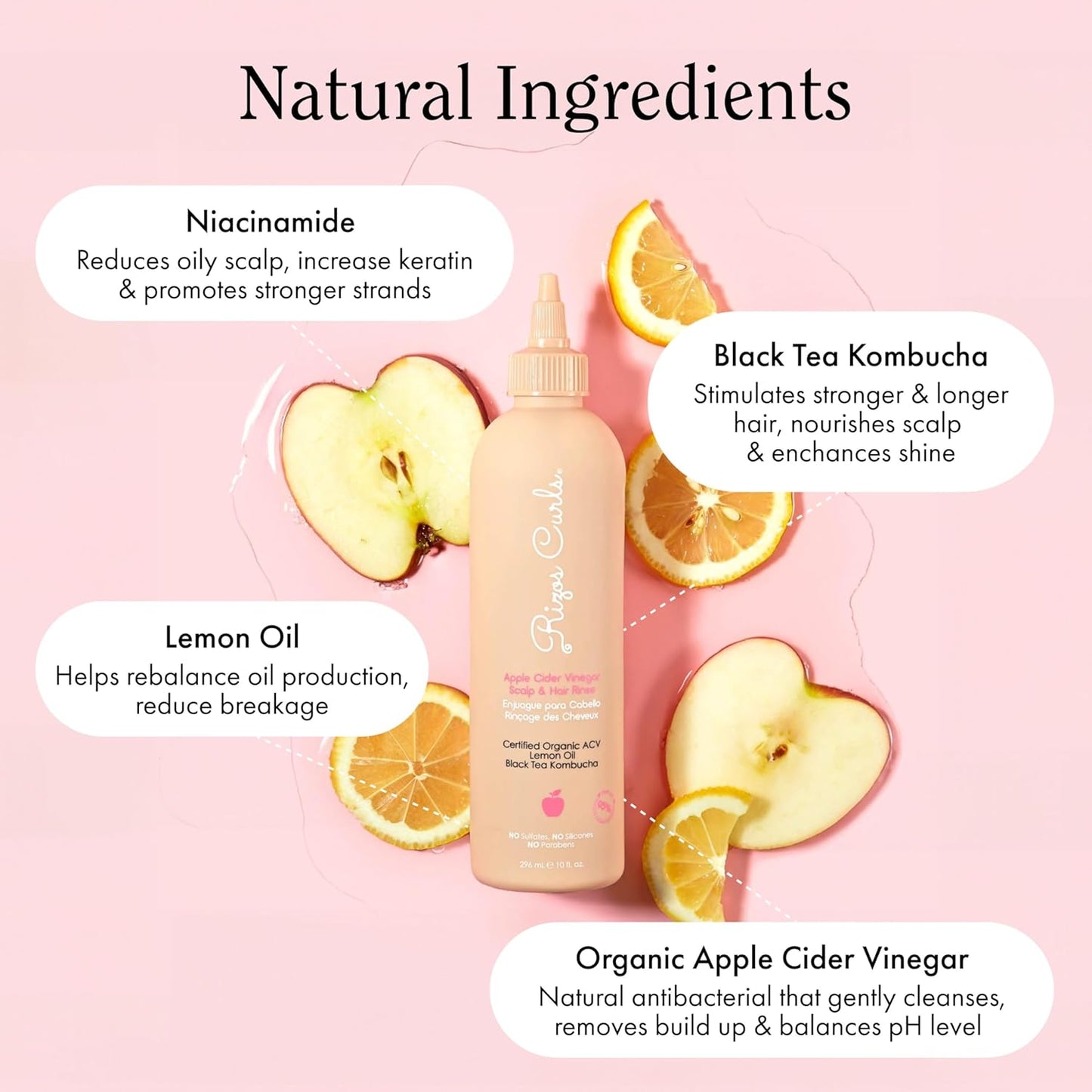 Rizos Curls Apple Cider Vinegar Scalp & Hair Rinse, Clarifies to Remove Product Buildup, Balance Oils, Revive Hair & Scalp, Enhances Softness & Shine, 10 oz