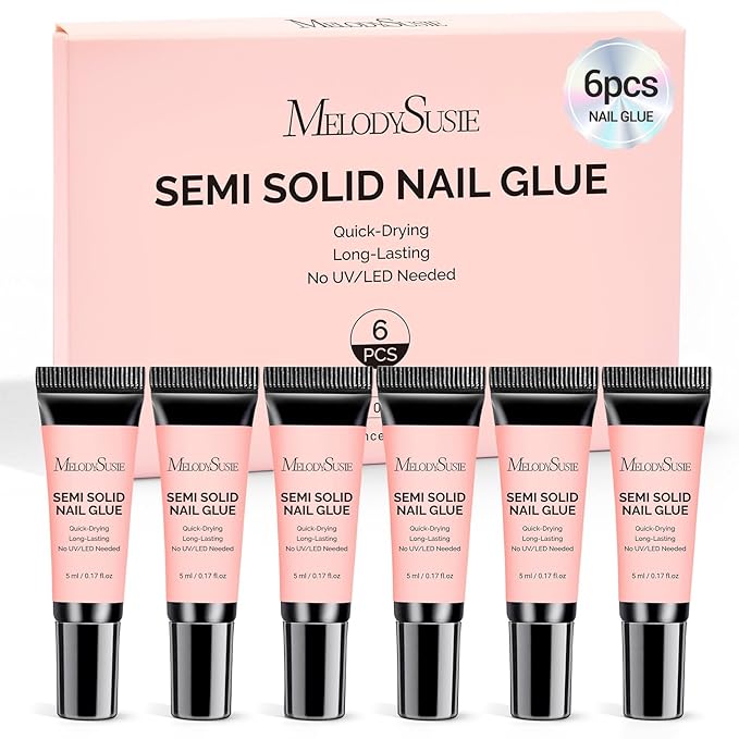 MelodySusie Semi Solid Nail Glue, Quick Drying No Need for UV Lamp Glue Gel Long Lasting for Fake Acrylic Press On Nails, 5ml*6pcs