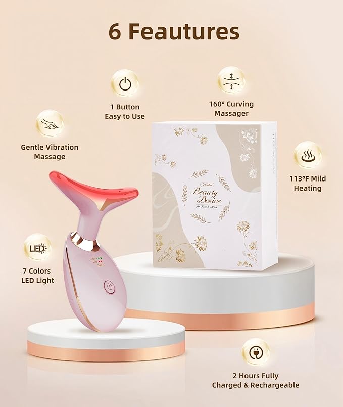 Red Light Therapy for Face and Neck, 7 Color Light Based Face Massager Tool, Portable Skin Care Tool for Firming, Tightening and Lifting (Glossy Pink)