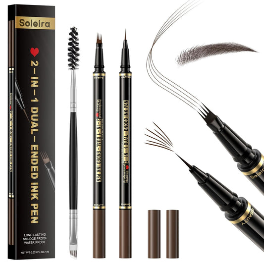 Waterproof Eyebrow Pencil with 4 Tip Microblading Pen and Dual-ended Brush, for Natural-Looking Brows, Long-Lasting, Black Brown