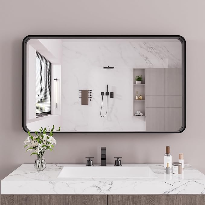 Black Bathroom Mirror 55X36 Inch, Black Metal Framed Mirror for Wall, Rounded Rectangle Matte Bathroom Vanity Mirror with Tempered Glass, Anti-Rust, Horizontal/Vertical