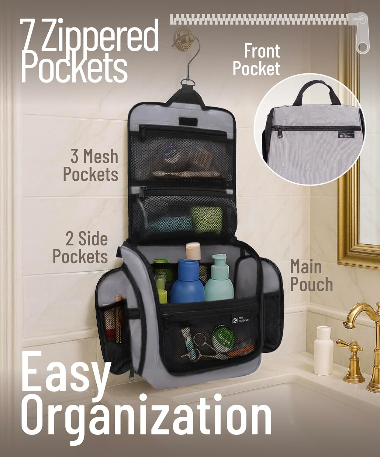 D&D Hanging Travel Toiletry Bag for Men and Women – Large Cosmetics, Makeup and Toiletries Organizer Kit with 10 Compartments, YKK Zippers, XXL Metal Swivel Hook, Water-Resistant Nylon