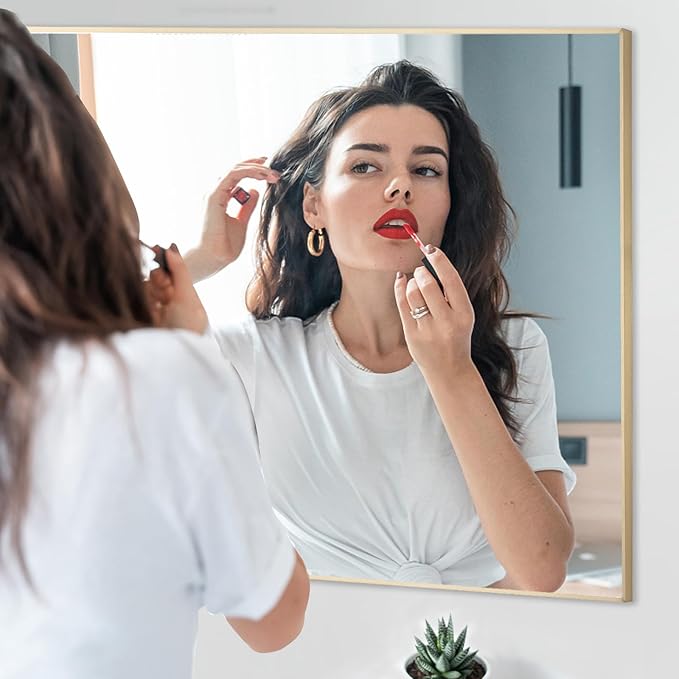 30x30 Inch Gold Bathroom Mirror - Copper-Free Mirror, Aluminum Alloy Frame Vanity Rectangle Wall Mounted Modern Mirror for Bedroom/Living Room/Porch Horizontal or Vertical