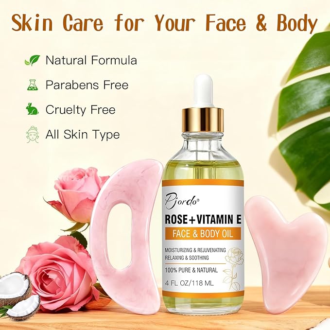 Vitamin E Rose Oil & Gua Sha Massage Tools Set, Gua Sha Oil for Face & Body, Organic Vitamin E Oil for Moisturizing and Hydrating, Anti Aging, Valentine's Day Gifts for Her