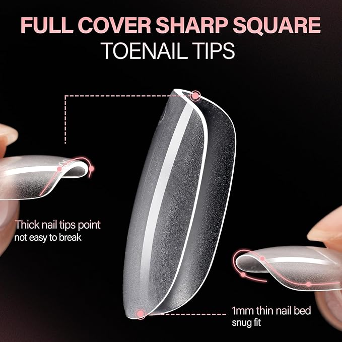 AILLSA 160Pcs 16 Sizes Short Squoval Toe Nail Tips, Pre-Etched Matte Clear Exterior Full Matte Interior Rigid Acrylic Press On Toenail Extensions for Petite Nails DIY & Salon Use