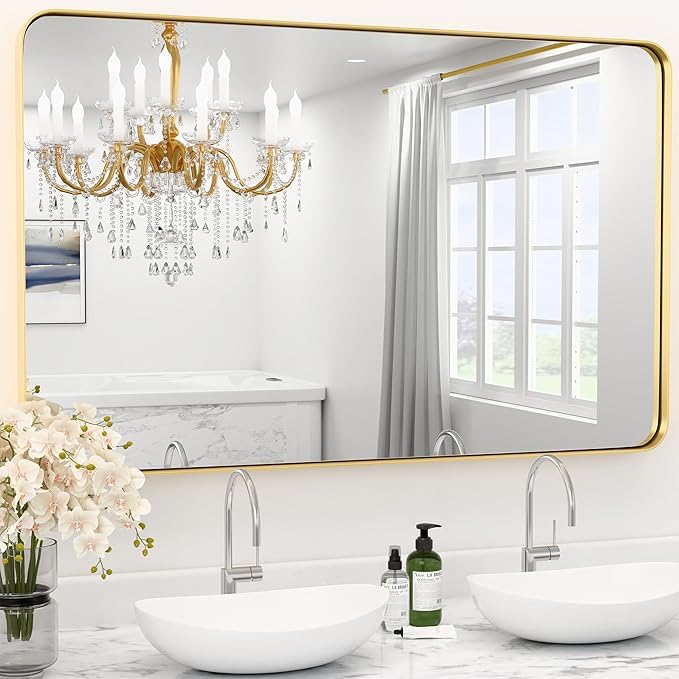 45"X 30" Large Gold Metal Framed Bathroom Mirror for Wall, Large Mirrors for Spacious Rooms,Gold Rounded Rectangle Mirror, Brushed Gold Bathroom Vanity Mirror Anti-Rust, Tempered Glass
