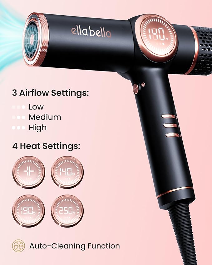 ELLA BELLA® Professional Ionic Hair Dryer with Diffuser • Dual Voltage Negative Ion Blow Dryer • Suitable All Hair Types • Intelligent Heat Control & Rapid Drying Speeds • Lightweight Design Low Noise