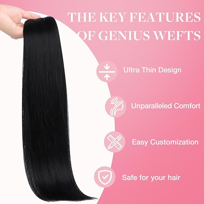 GOO GOO Genius Weft Hair Extensions Human Hair, Sew In Hair Extensions Rooted Remy Weft, 1B Natural black 14inch 80g, Hand Tied Weft Hair Extensions