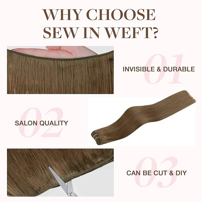 GOO GOO Sew in Hair Extensions Real Human Hair, Weft Hair Extensions Human Hair, 5 Light Ash Brown 20inch 100g, Weft Bundles Straight Silky Remy Hair