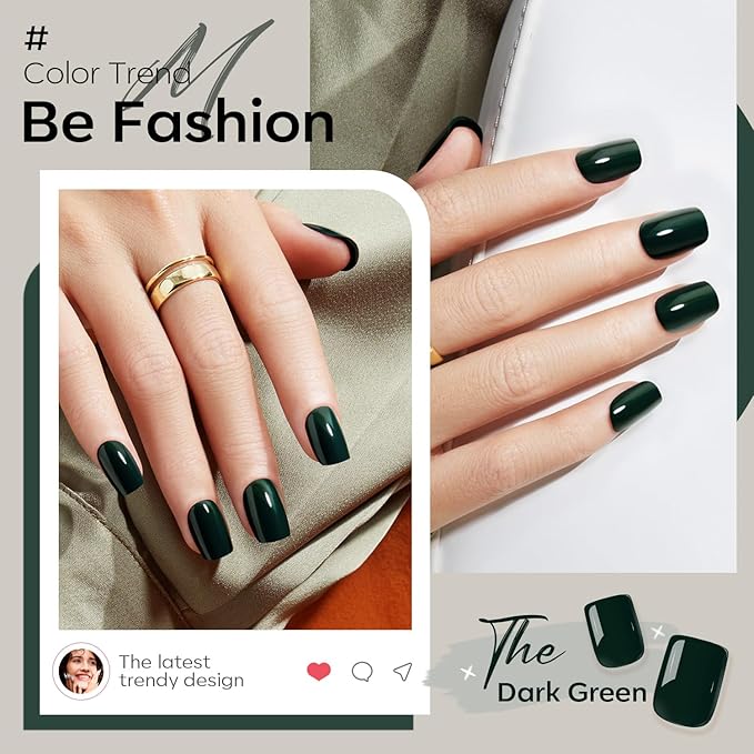Modelones Dark Green Press on Nails, Short Square Fake Nails, Reusable Nail Kit with Nail Glue Adhesive Tabs Mini Nail File, Nails Press Ons 32Pcs 16Sizes