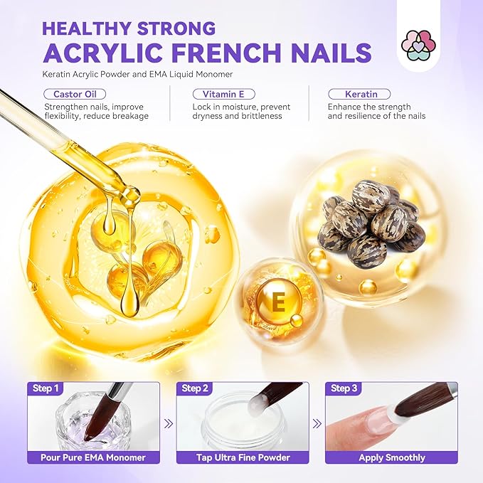 SAVILAND Acrylic Nail Kit: Keratin Acrylic Powder with Castor Oil Vitamin E Nail Primer Nail Glue French Tips Pink Rhinestones Complete Tools Everything for Beginners DIY Home Salon Christmas Gift