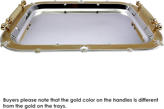 (Pack of 2) 16.3 inch x 11.8 inch Oblong Chrome Plated Serving Tray with Handles Mirror Iron Gold Floral Edge Decorative Party Wedding Buffet Wine Decor Platter Plate Base FST-010
