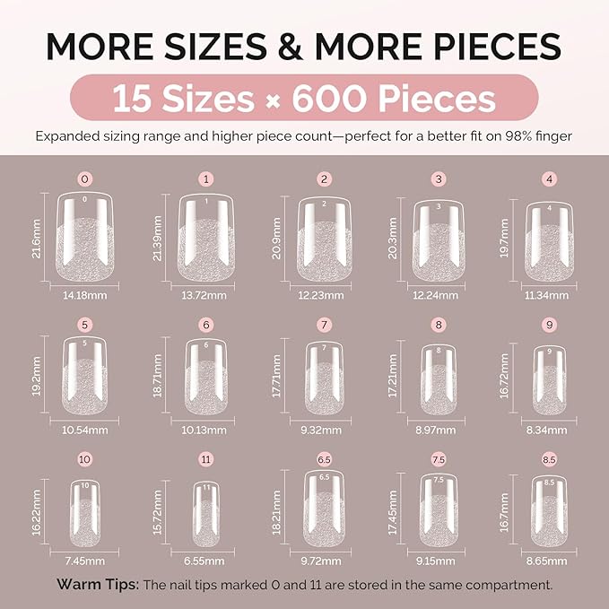 MelodySusie Short Square X Nail Tips - 600Pcs 15 Sizes Clear Acrylic, Half Matte Full Cover Press on Nails for DIY Extension & Salon Use, Pre-Shaped for Long-Lasting Manicure, Fall Winter Nails
