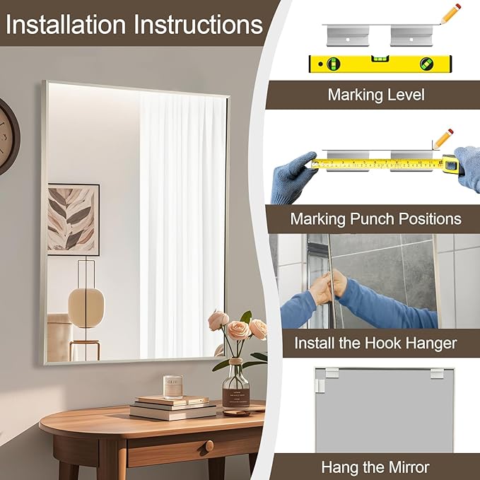 Brushed Nickel Rectangle Mirror, 30x36 Inch Framed Vanity Mirror, Square Corner Mirror for Over Sink, Vanity, Bedroom, Horizontal/Vertical