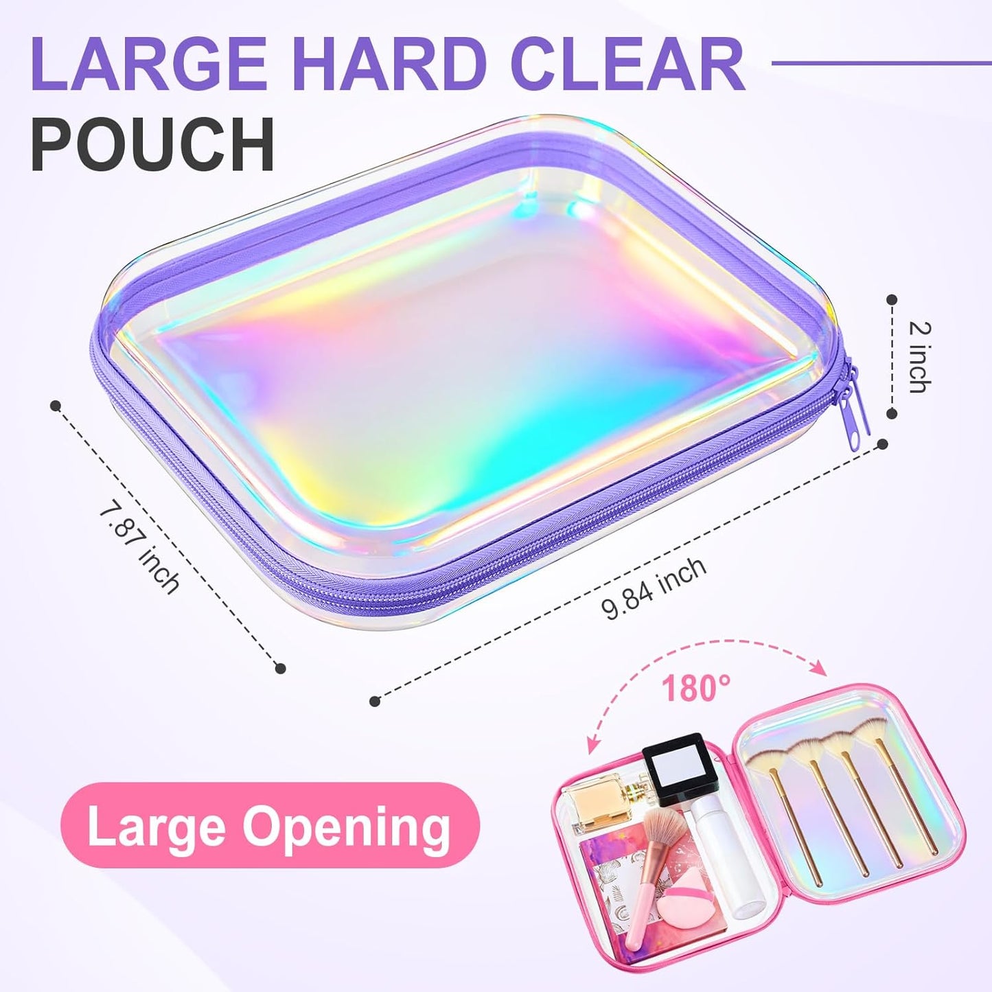 Sanwuta 6 Pcs Clear Hard Zipper Case Pencil Pouches Hard Plastic Zipper Pouches Makeup Bag Transparent Cases for Snacks Plastic Storage Organizer Box for Travel(Holographic,9.84 x 7.87 x 2 Inch)