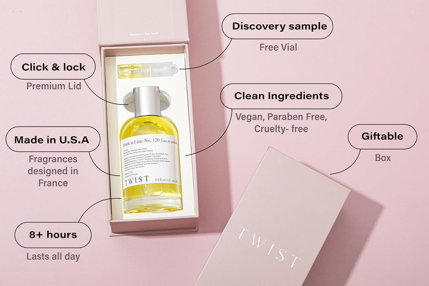 Twist Drunk in Luxe No. 120 - Inspired by Kilian's Angel Share, Long-Lasting Perfume for Women and Men, Paraben-Free, Vegan, Clean Ingredients, Unisex Fragrance – Spray 100 ml | 3.4 fl. oz.