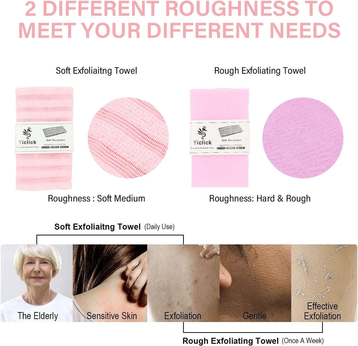 Yiclick Exfoliating Body Scrubber, Back Scrubber for Shower Bath, Japanese Scrub Wash Cloth, Exfoliating Washcloth Towel for Men Women, Body Exfoliator Loofah Luffa Sponge Net Rag Back Washer (Pink)