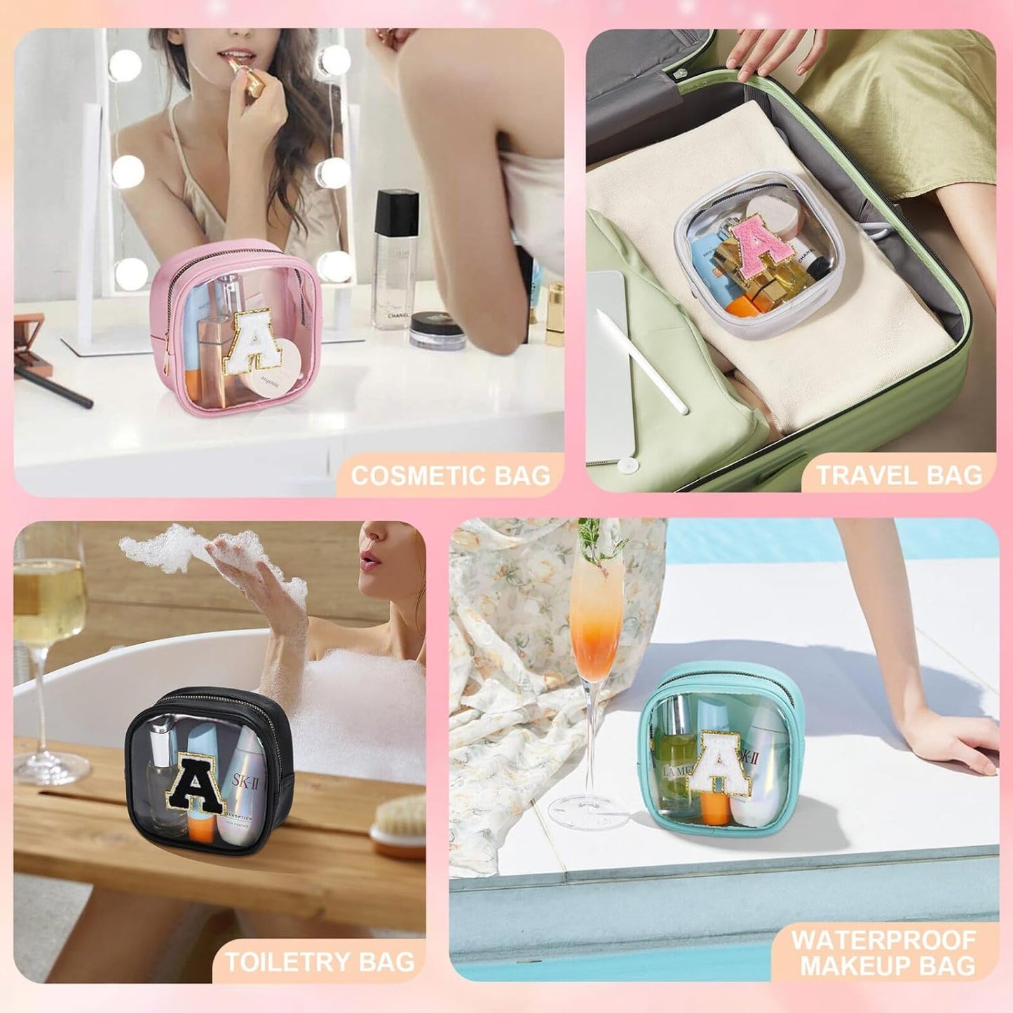 YOOLIFE Initial Make Up Bag Travel Toiletry Bag, Clear Makeup Bag Preppy Cosmetic Bags Organizer Travel Essentials Gifts for Women Teen Girlfriend Teacher Mom Birthday Mothers Day Gifts White G