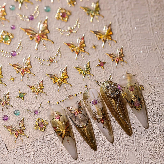 Gold Butterfly Nail Art Stickers 5D Embossed Butterflies Nail Decals Self Adhesive Luxury Shiny Nails Art Design Manicure Supplies Charm for Women Nails Decorations Accessories