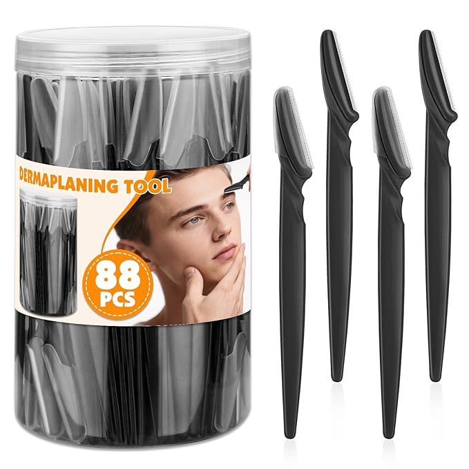 88 Pcs Eyebrow Razors & Face Razors for Women in Storage Jar – Black Color Dermaplane Razor for Women Face & Men, Safe Face Shaver with Protective Covers