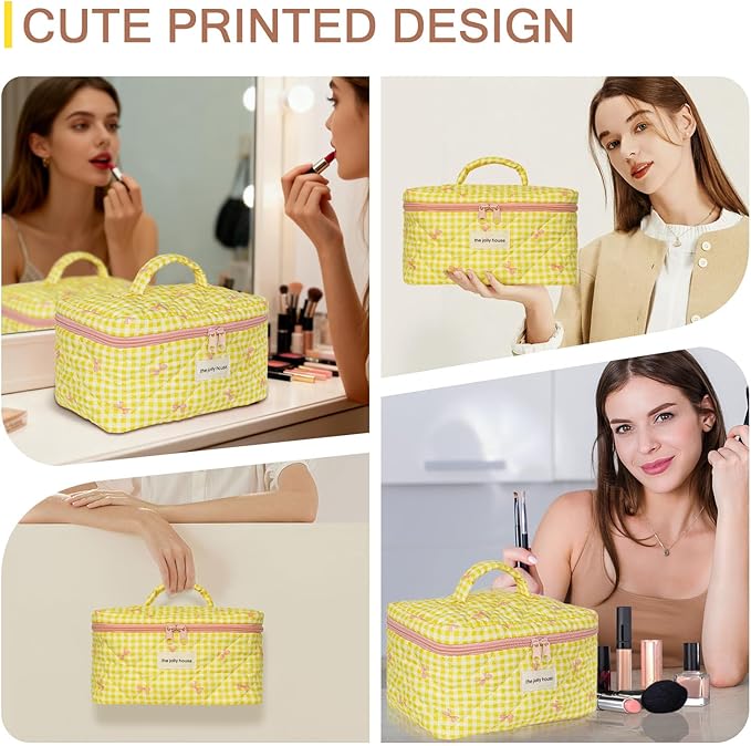 1pc Large Makeup Bag, Cute Cosmetic Bag for Women Girls, Floral Coquette Aesthetic Toiletry Bag, Travel Make Up Organizer Bag (Yellow Checked Bow