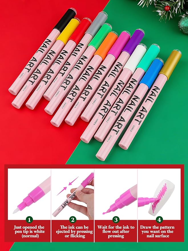 EBANKU 12 Colors Nail Art Pens Set, Christmas Nail Polish Pen Quick Drying 3D Acrylic Paint Pen Nail Markers for Christmas Nail Art Painting Point Dotting Liner Pen Manicure Tools Nail Design